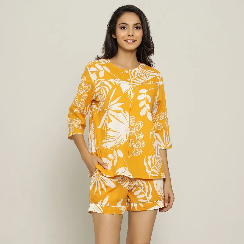 Yellow Cotton Printed Night Suit Set